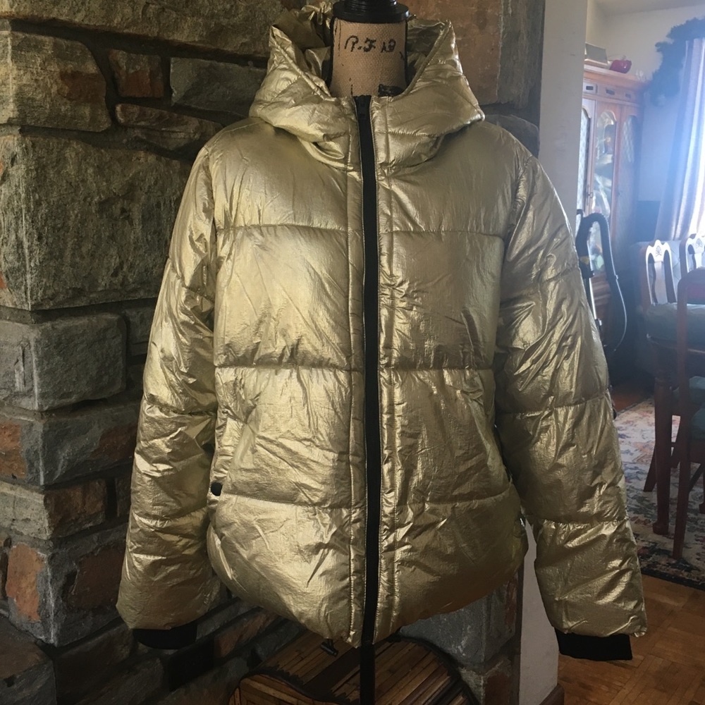 American Eagle Gold Metallic Hooded Puffer Jacket